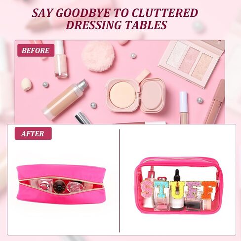 Lusofie Chenille Letter Bag Stuff Makeup Bag Preppy Clear Cosmetic Bags with Zipper Transparent PVC Waterproof Travel Toiletry Storage Bag for Women(Beige) in Saudi Arabia