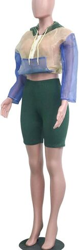 مجموعة من الملابس العلوية والسراويل القصيرة ذات الأكمام الطويلة الشبكية الشفافة للنساء من Angsuttc، مكونة من قطعتين in Kuwait