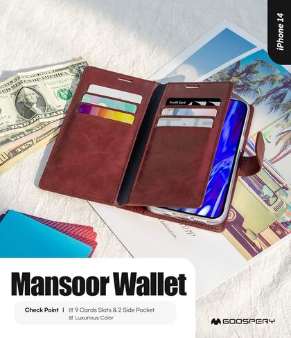 محفظة GOOSPERY Mansoor مصممة لحافظة iPhone 14 [9 فتحات للبطاقات + 2 جيب جانبي إضافي] حامل بطاقة داخلي مزدوج الجوانب متعدد الفتحات وغطاء هاتف قابل للطي للتخزين الواسع - وردي فاقع in Kuwait