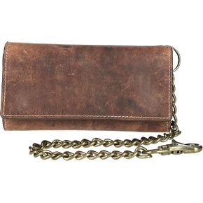 CTM® Men's Crazy Horse Leather RFID Long Trifold Chain Wallet, Brown