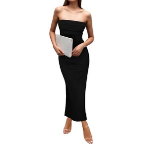 Womens 2024 Ribbed Maxi Bodycon Dress Summer Strapless Tube Party Club Long Dresses