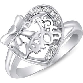 925 Sterling Silver Sweet Ribbon and Heart Sweet 15 Años Quinceanera Cz Ring Rhodium Plated
