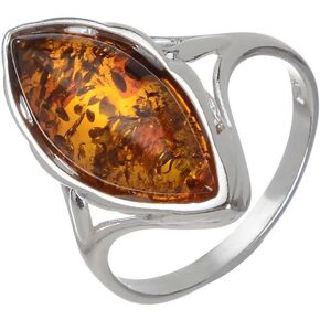 Sterling Silver and Baltic Honey Marquise Cut Amber Ring