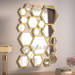 KOHORS Modern Hexagon Gold Wooden Framed Wall Mirror for Living Room,Bedroom,Entryways,Home Decor(W 31.4" x H 23.6" Honey Comb)