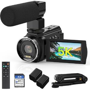 5K Video Camera Camcorder UHD 48MP 60FPS WiFi Vlog Camera for YouTube 10X Optical Zoom Camcorders with Remote Control, Handheld Stabilizer, Microphone, 2 Batteries, Large Aperture, 64 GB Memory Card