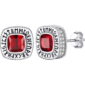 Round/Square Cubic Zirconia Studs Hypoallergenic Mens Earrings, Black Plated/925 Sterling Silver Viking Rune Earrings, Lightweight, Come with Box