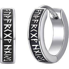 Viking Runes Hoop/Clip-on/Stud Earrings for Men Women Stainless Steel Hypoallergenic Earrings Amulet Protection Jewellery Gifts(with Box)