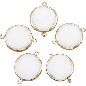Fashewelry 10Pcs Natural Pearl Pendant Connectors Flat Round Keshi Pearl Charm Links with Gold Edge Wrapped 20x13-15mm for Jewelry Making Hole: 1.5mm