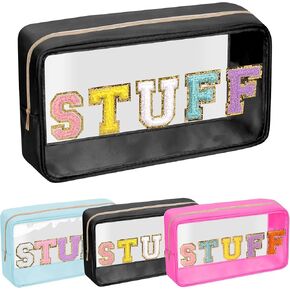 Preppy Patch Makeup Bag, Small Chenille Letter Cosmetic Bag, Waterproof Zipper Skin Care Toiletry Bags for Teen Girls, Portable Preppy Gift for Women