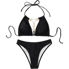 SweatyRocks Women's Pearls Cut Out Halter Bikini Sets Backless High Cut 2 Piece Swimsuit Set