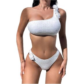 Floerns Women's Appliques Floral One Shoulder Bikini Set High Waist Bathing Suits