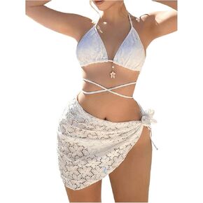 SHENHE Women's 3 Piece Floral Lace Criss Cross Halter Triangle Bikini Set with Sarong Cover Ups