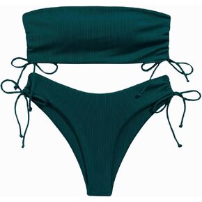 Milumia Women's 2 Piece Bandeau Bikini Sets Rib Knit Drawstring High Cut Swimsuits