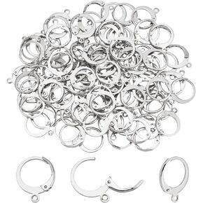 PandaHall 100 Pcs 304 Stainless Steel Lever Back Earring Hooks Earwire with Open Loop 14.5x12x2mm for Jewelry Making