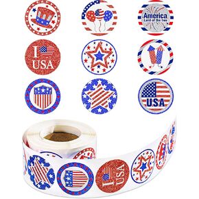 500 Pieces Independence Day Stickers Patriotic Sticker Cute 4th July Sticker Decal with Hat Balloon American Flag Star Rocket Shield Pattern ​for Party Decoration 1.5 Inch (Coated Paper and Glitter)