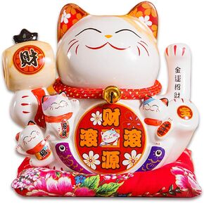 Large Ceramic Maneki Neko Beckoning Lucky Money Cat Waving Arm Good Feng Shui Fortune Happy Smiling Cat Figure 招財貓-財源滾滾（Abundant Wealth）