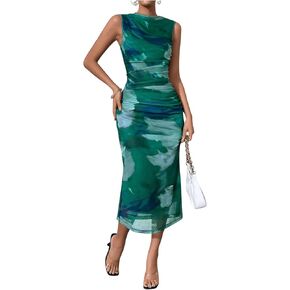 Milumia Women's Tie Dye Ruched Draped Mock Neck Sheer Mesh Bodycon Dress Sleeveless Long Midi Tank Dresses