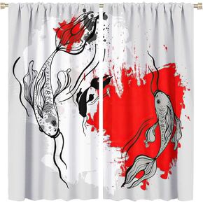 Japanese Koi Fish Curtain, Bamboos Lotus Koi Fish Japanese Traditional Style Room Darkening Door Window Rod Pocket Curtain for Bedroom Kitchen Living Room 42x45in