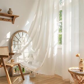 Boho Curtains 2 Panels 72 inches Length for Bedroom, Rich Textured Linen Semi Blackout French Farmhouse Country Window Treatment Tassels,52" W x 72" L, Natural
