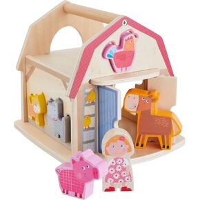 HABA Farmhouse Sorting Box Wooden Shape Sorter Toy with 6 Chunky Wood Farm Animals