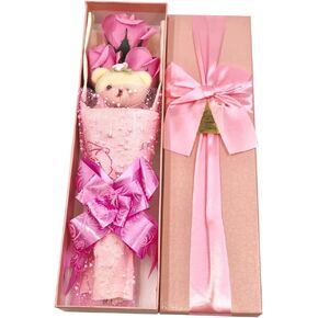 Flower Bouquet 3 Scented Soap Roses Gift Box with Cute Teddy Bear for Her Him Valentine's Day Anniversary Wedding Mothers Day Birthday Gift and Proposal-Pink