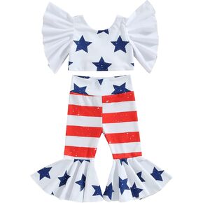Gueuusu Toddler Girl 4th of July Clothes Fly Sleeve Stars Print Tank Top Striped Flare Pants Infant Independence Day Outfit