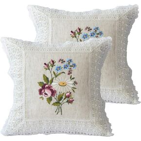 Embroidered Spring Floral Throw Pillow Covers Set of 2, 18x18 inches Farmhouse Cottage Garden Pillow Shams Linen Blended Decorative Cushion Cover Case (Linen Natural, Linen blended)