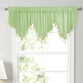 Sheer Voile Ascot Curtain Valance with Beaded Tassel Rod Pocket Drapes Window Treatment 1 Panel for Living Room Bedroom Kitchen Cafe Home Decor 51 X 24 Inch, White