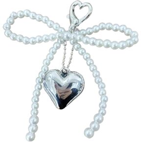 Handmade Bowknot Ribbon Keychain with Silver Heart Imitation Pearls Keyring Fashionable Accessory for Fashion Lovers