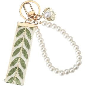Faux Pearl Ribbon Keychain for Women Cute Faux Pearl Chain Leaf Pattern Wristlet Keychains for Purse Bags Fresh Gifts Pearl-Shell Pendant Key Chain Gifts for Teen Girls Accessories for Car Keys