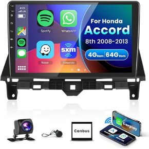8 Core 4G+64G Android Carplay Car Stereo for Honda Accord 8 2008-2013 with Wireless CarPlay Android Auto Canbus, 10.1" Touchscreen Bluetooth Radio with GPS WiFi HiFi Audio MirrorLink Backup Camera