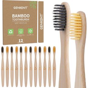 GENKENT 12 Counts Bamboo Toothbrushes BPA Free Soft Bristles Natural Charcoal Toothbrush for Adults