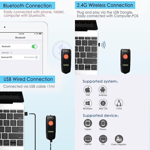 NADAMOO 2D ماسح الباركود اللاسلكي المتوافق مع البلوتوث، ماسح رمز الاستجابة السريعة USB 1D 2D المحمول للمخزون، قارئ صور الرمز الشريطي للكمبيوتر اللوحي iPhone iPad Android iOS PC POS، مع قاعدة شحن in Saudi Arabia
