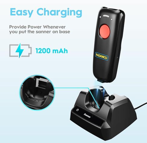 NADAMOO 2D ماسح الباركود اللاسلكي المتوافق مع البلوتوث، ماسح رمز الاستجابة السريعة USB 1D 2D المحمول للمخزون، قارئ صور الرمز الشريطي للكمبيوتر اللوحي iPhone iPad Android iOS PC POS، مع قاعدة شحن in Saudi Arabia