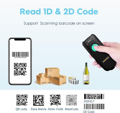 NADAMOO 2D ماسح الباركود اللاسلكي المتوافق مع البلوتوث، ماسح رمز الاستجابة السريعة USB 1D 2D المحمول للمخزون، قارئ صور الرمز الشريطي للكمبيوتر اللوحي iPhone iPad Android iOS PC POS، مع قاعدة شحن in Saudi Arabia