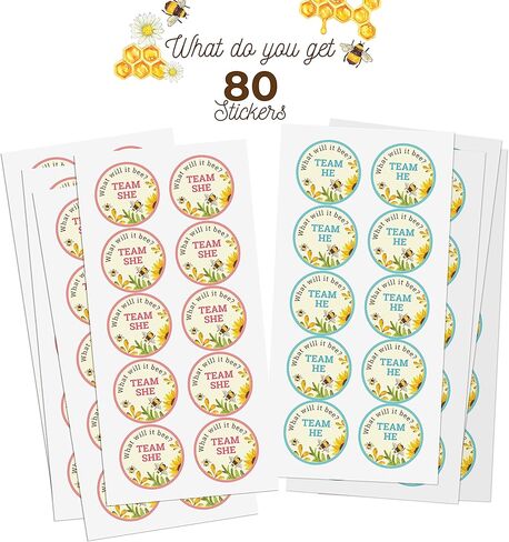 ملصقات الكشف عن جنس النحلة - عبوة من 80 قطعة | ماذا سيكون النحل؟ فريق هو أو هي | ملصقات بتصميم بامبليبي | مثالية لديكورات حمام الطفل ذات طابع النحل in Kuwait