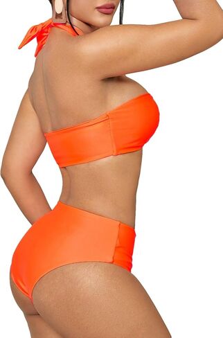 OYOANGLE Women's 2 Piece Bikini Set Tie Front Sleeveless Ruched Strapless Bandeau Swimsuit Mid Rise Swimwear in Saudi Arabia