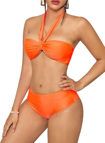 OYOANGLE Women's 2 Piece Bikini Set Tie Front Sleeveless Ruched Strapless Bandeau Swimsuit Mid Rise Swimwear in Saudi Arabia