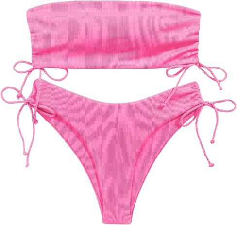 Milumia Women's 2 Piece Bandeau Bikini Sets Rib Knit Drawstring High Cut Swimsuits in Saudi Arabia