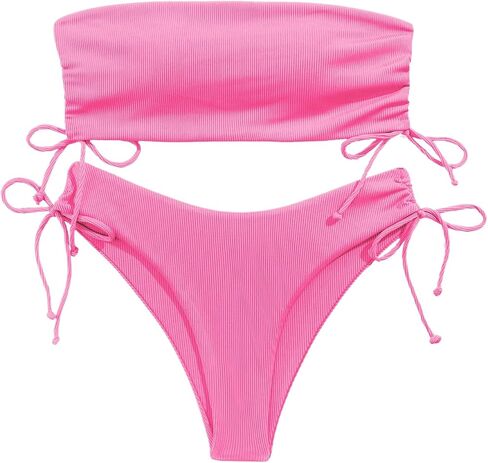 Milumia Women's 2 Piece Bandeau Bikini Sets Rib Knit Drawstring High Cut Swimsuits in Saudi Arabia