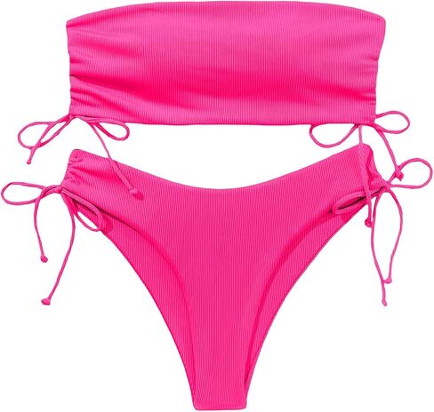 Milumia Women's 2 Piece Bandeau Bikini Sets Rib Knit Drawstring High Cut Swimsuits in Saudi Arabia