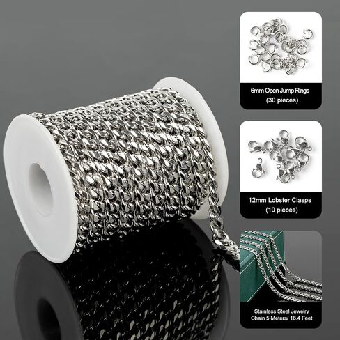 UMAOKANG 5 Meters Gold Plated Cuban Chains Bulk Stainless Steel Chains for Jewelry Making Men and Women Necklace Bracelet DIY Jewelry Chain Spool in Kuwait