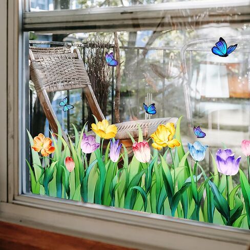 ملصقات نافذة على شكل زهرة، ملصقات نافذة صيفية للنوافذ الزجاجية، قابلة لإعادة الاستخدام، ملصقات نافذة على شكل فراشة توليب زنبركية ملونة قابلة للإزالة مزدوجة الجانب، شارات نافذة زهرية ثابتة لمستلزمات ديكور المنزل in Kuwait