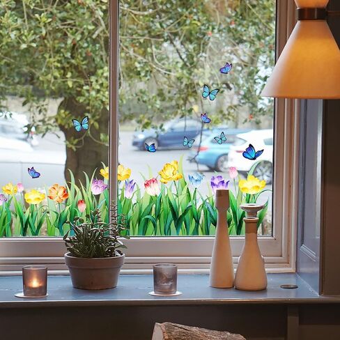 ملصقات نافذة على شكل زهرة، ملصقات نافذة صيفية للنوافذ الزجاجية، قابلة لإعادة الاستخدام، ملصقات نافذة على شكل فراشة توليب زنبركية ملونة قابلة للإزالة مزدوجة الجانب، شارات نافذة زهرية ثابتة لمستلزمات ديكور المنزل in Kuwait