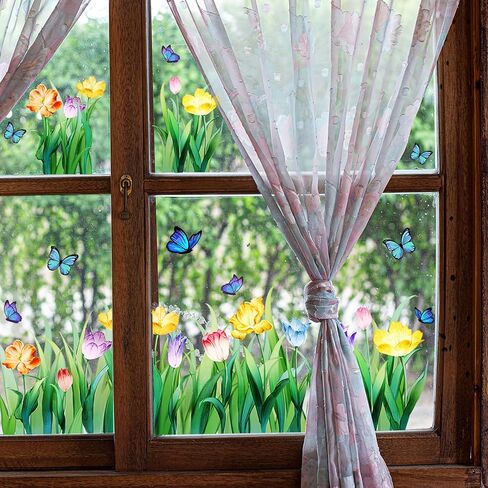 ملصقات نافذة على شكل زهرة، ملصقات نافذة صيفية للنوافذ الزجاجية، قابلة لإعادة الاستخدام، ملصقات نافذة على شكل فراشة توليب زنبركية ملونة قابلة للإزالة مزدوجة الجانب، شارات نافذة زهرية ثابتة لمستلزمات ديكور المنزل in Kuwait