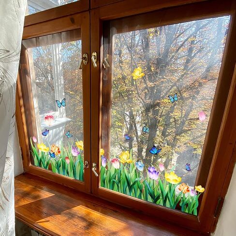 ملصقات نافذة على شكل زهرة، ملصقات نافذة صيفية للنوافذ الزجاجية، قابلة لإعادة الاستخدام، ملصقات نافذة على شكل فراشة توليب زنبركية ملونة قابلة للإزالة مزدوجة الجانب، شارات نافذة زهرية ثابتة لمستلزمات ديكور المنزل in Kuwait