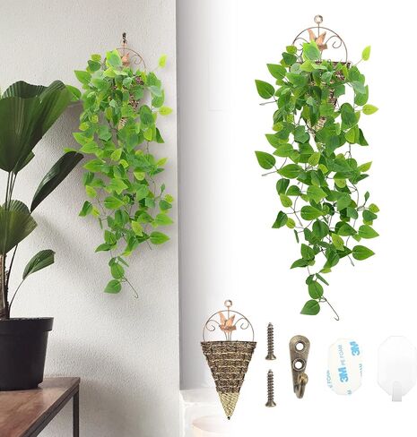 نبات معلق وهمي، 1 حزمة مجموعة نباتات صناعية معلقة، 3.6 قدم فو بوثوس فاينز يترك لغرفة النوم والحمام والفناء الداخلي والخارجي للمنزل والمكتب ديكور نباتات الحائط (مع السلال والخطافات) in Kuwait