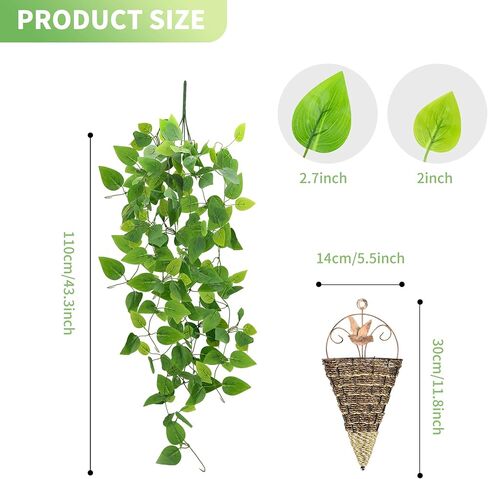 نبات معلق وهمي، 1 حزمة مجموعة نباتات صناعية معلقة، 3.6 قدم فو بوثوس فاينز يترك لغرفة النوم والحمام والفناء الداخلي والخارجي للمنزل والمكتب ديكور نباتات الحائط (مع السلال والخطافات) in Kuwait