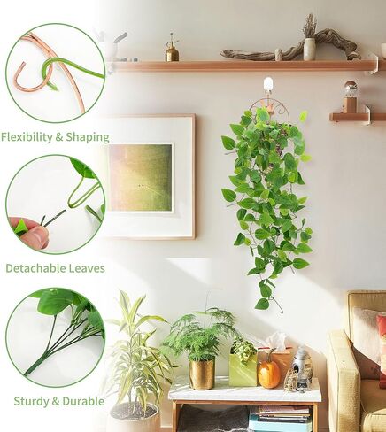 نبات معلق وهمي، 1 حزمة مجموعة نباتات صناعية معلقة، 3.6 قدم فو بوثوس فاينز يترك لغرفة النوم والحمام والفناء الداخلي والخارجي للمنزل والمكتب ديكور نباتات الحائط (مع السلال والخطافات) in Kuwait
