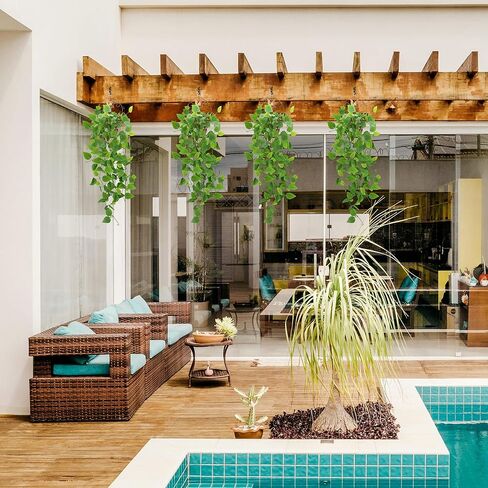 نبات معلق وهمي، 1 حزمة مجموعة نباتات صناعية معلقة، 3.6 قدم فو بوثوس فاينز يترك لغرفة النوم والحمام والفناء الداخلي والخارجي للمنزل والمكتب ديكور نباتات الحائط (مع السلال والخطافات) in Kuwait